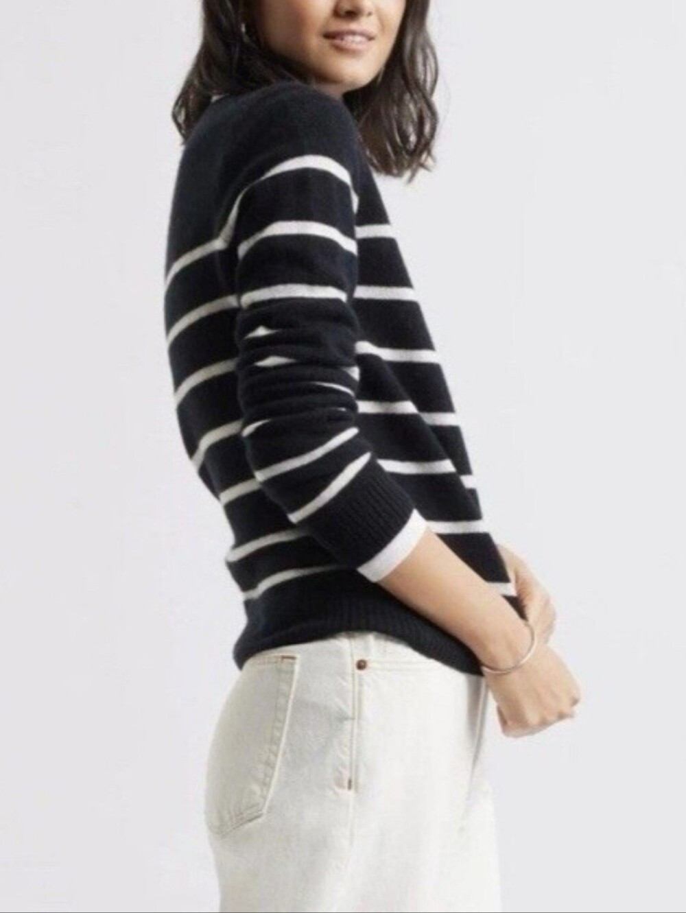 CASLON Black White Striped 100% Cashmere Crewneck Sweater Women's Size XL - Picture 3 of 13